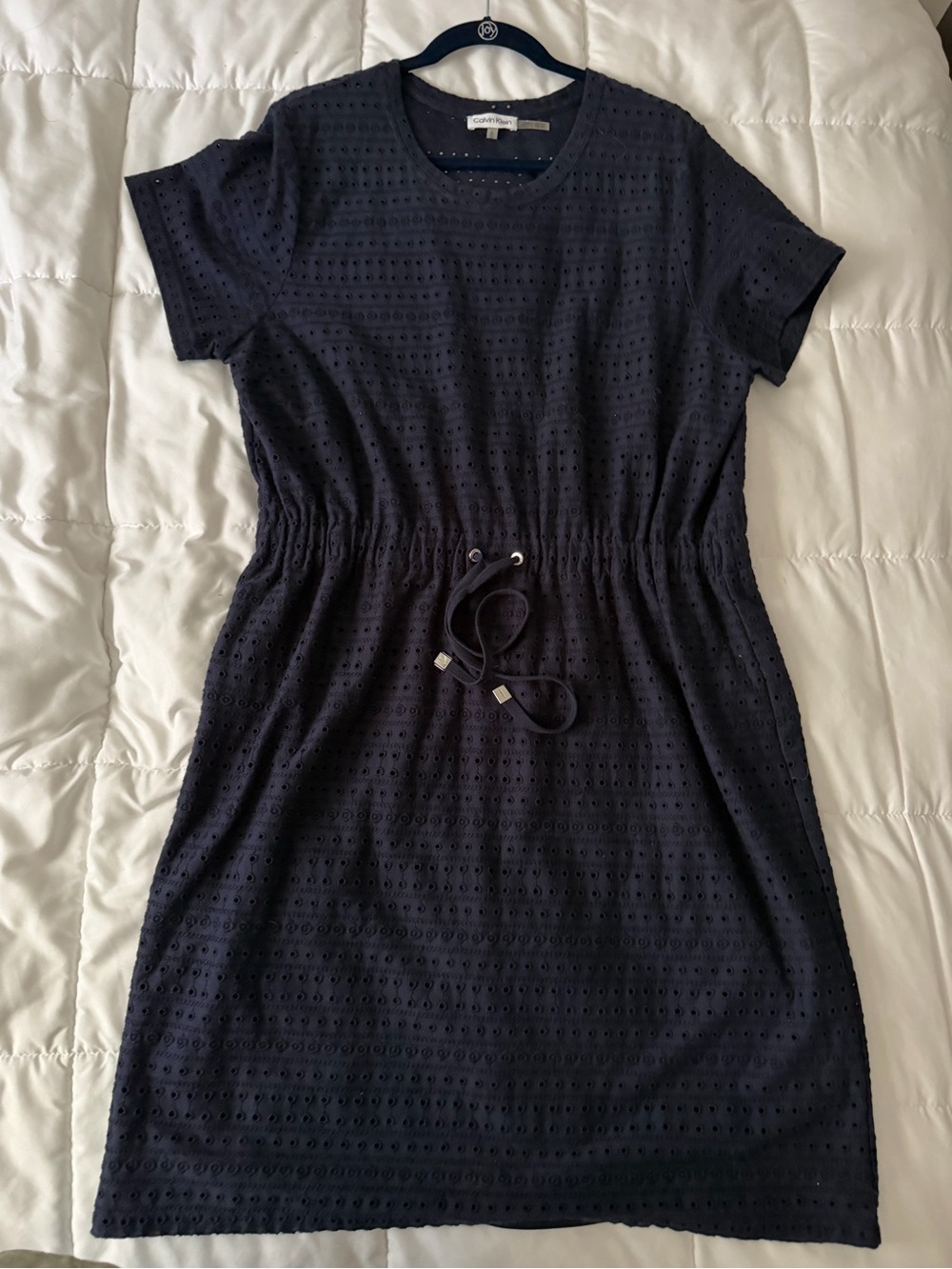 Calvin Klein Navy Eyelet Drawstring Midi Dress